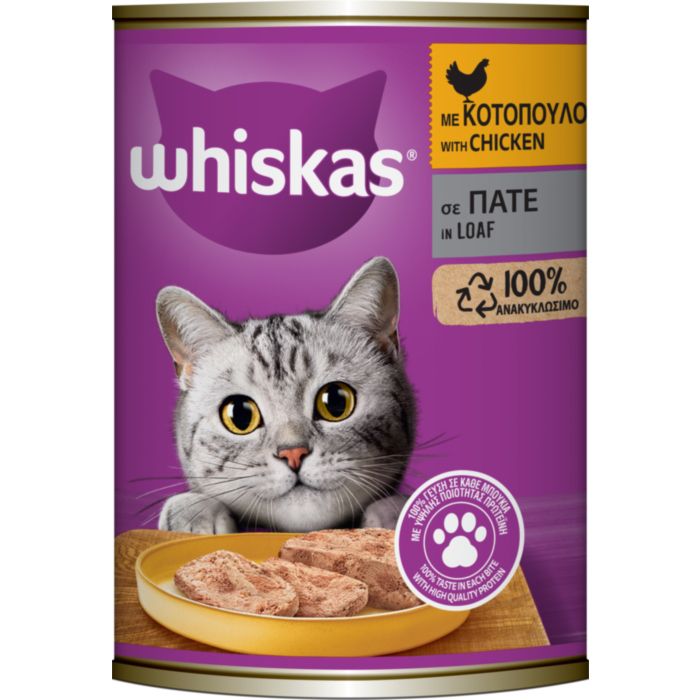 WHISKAS® Adult Πλήρης Υγρή Τροφή Γάτας Κοτόπουλο Πατέ σε Κονσέρβα 400g