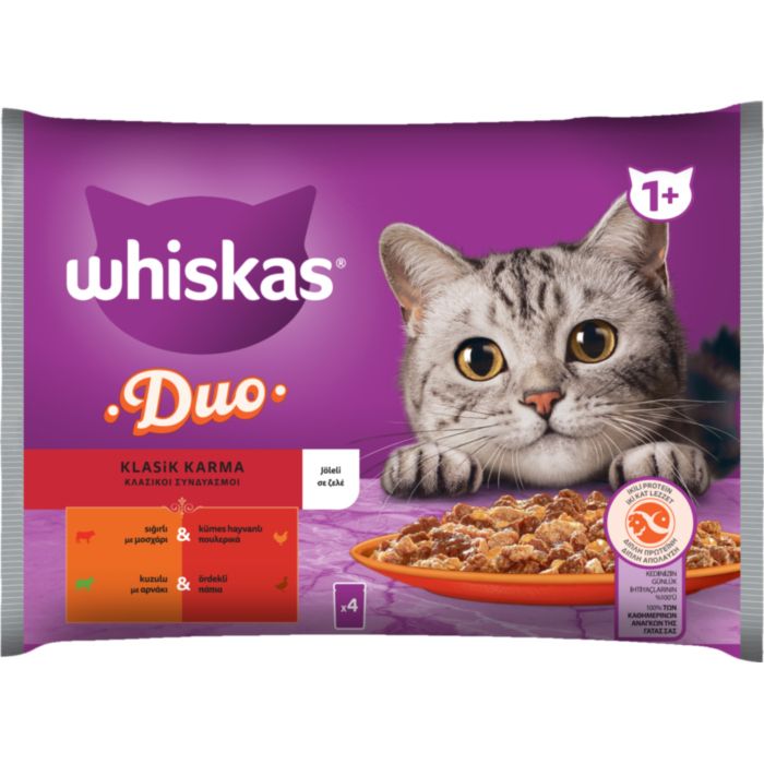 WHISKAS® DUO Adult Πλήρης Υγρή Τροφή Γάτας Κλασικοί Συνδυασμοί σε Ζελέ Φακελάκι Πολυσυσκευασία 4x85g