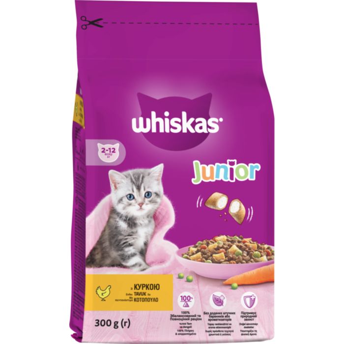 WHISKAS® Junior Πλήρης Ξηρή Τροφή για Γάτας Γεμιστές Κροκέτες Κοτόπουλο και Γάλα 300g