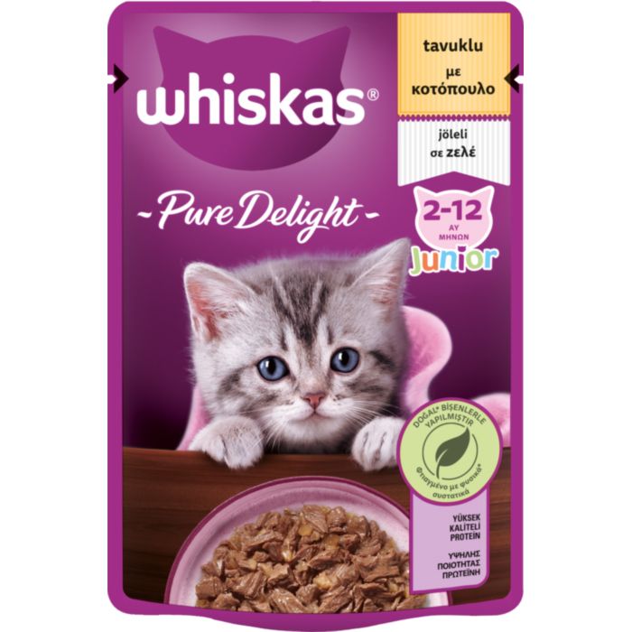 WHISKAS® Pure Delight Junior Πλήρης Υγρή Τροφή για Γατάκια Κοτόπουλο σε Ζελέ Φακελάκι 85g