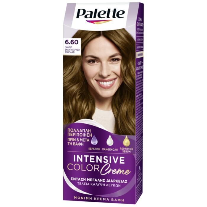Palette Μόνιμη Κρέμα Βαφή Μαλλιών 6.60 ΞΑΝΘΟ ΣΚΟΥΡΟ ΧΡΥΣΟ ΣΟΚΟΛΑΤΙ