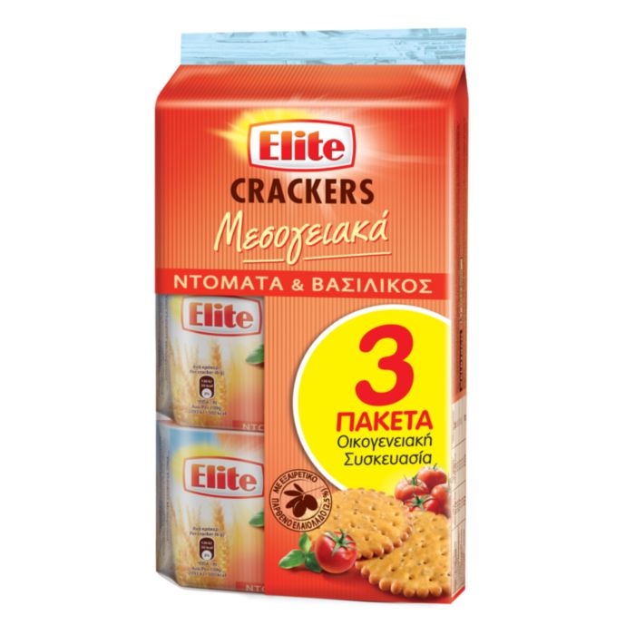 Elite Crackers Μεσογειακά Τομάτα & Βασιλικό 3 Χ 105gr Οικογενειακή Συσκευασία
