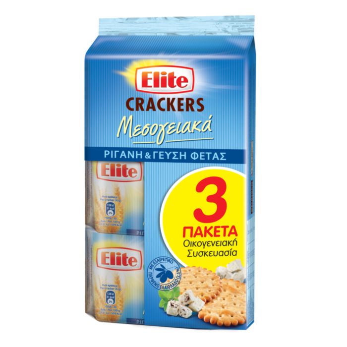 Elite Crackers Μεσογειακά Ρίγανη & Φέτα 3Χ105gr Οικογενειακή Συσκευασία