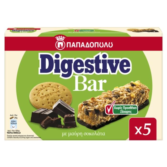 Digestive Bar με Μαύρη Σοκολάτα Χωρίς Προσθήκη Ζάχαρης 5x28g